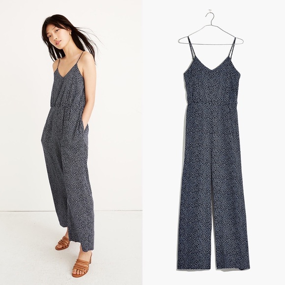 NWT Madewell Wide Leg Sleeveless Jumpsuit Navy Blue White Polka Dot Print - Picture 1 of 9